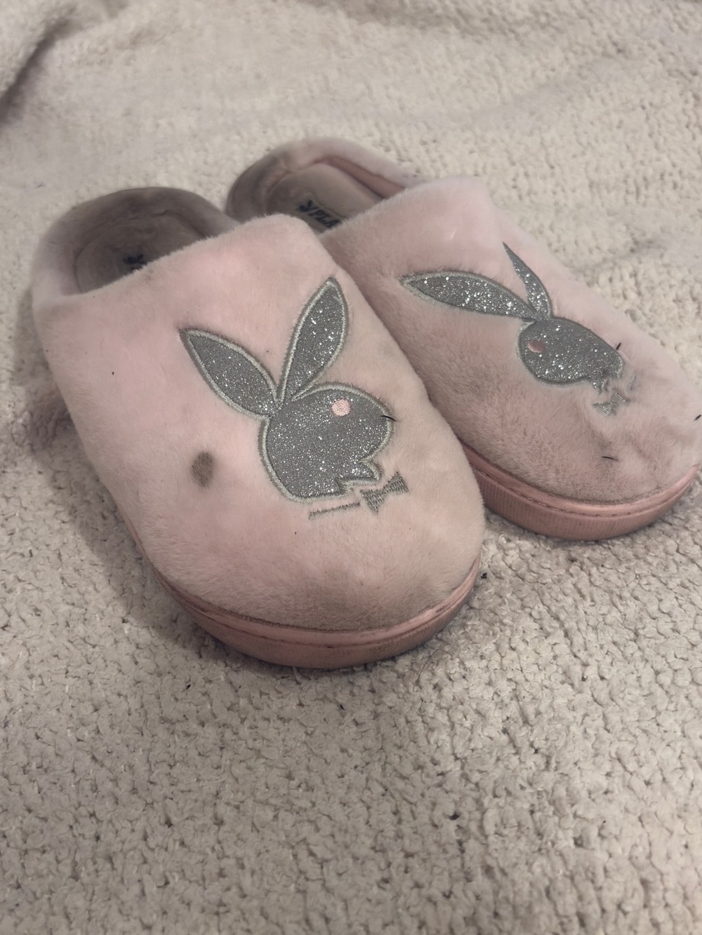 PLAYBOY Light Pink Plush Bunny Slippers with Silver Glitter Logo
